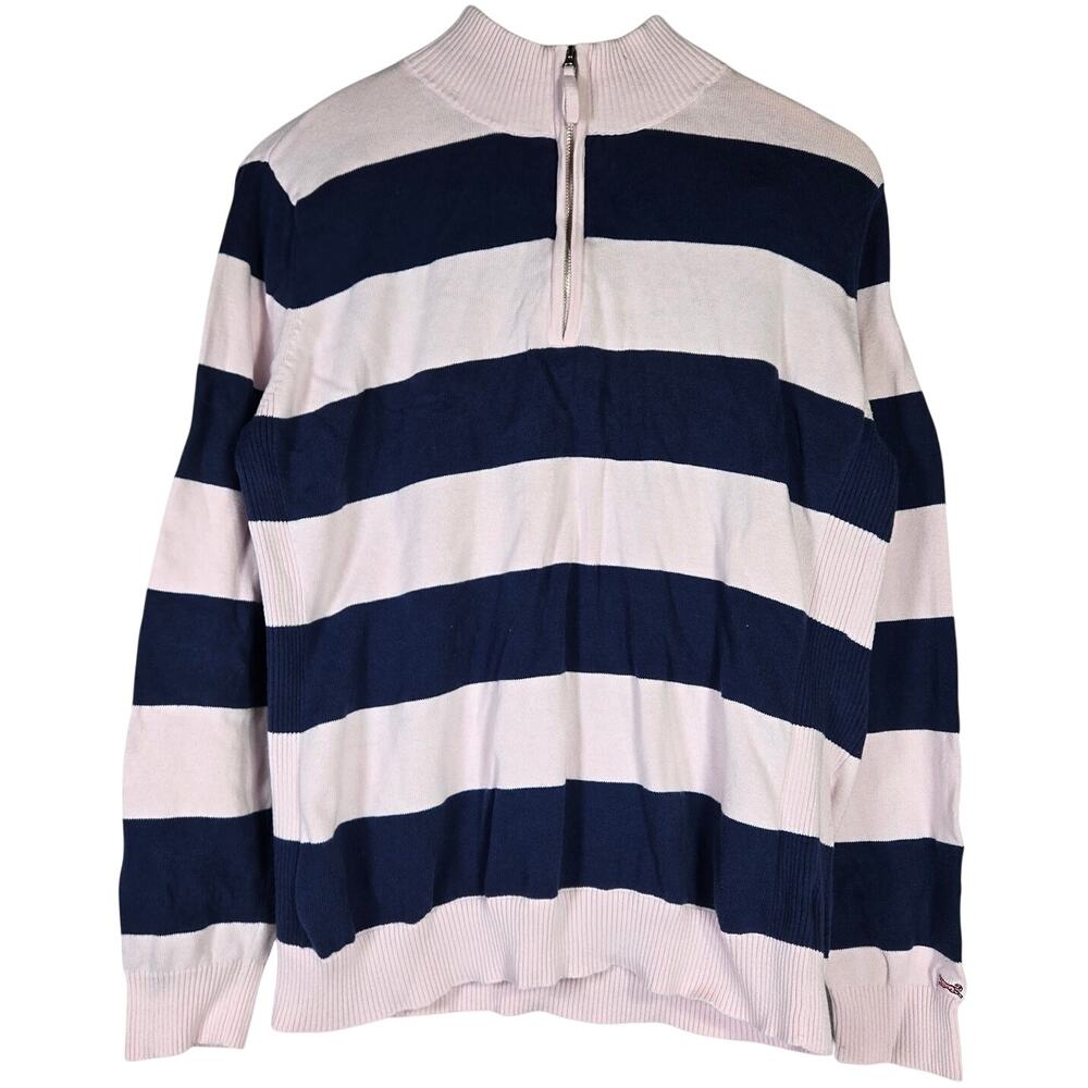 Le Tigre Mens Striped Quarter Zip Sweater Pink Navy XL Cotton‎